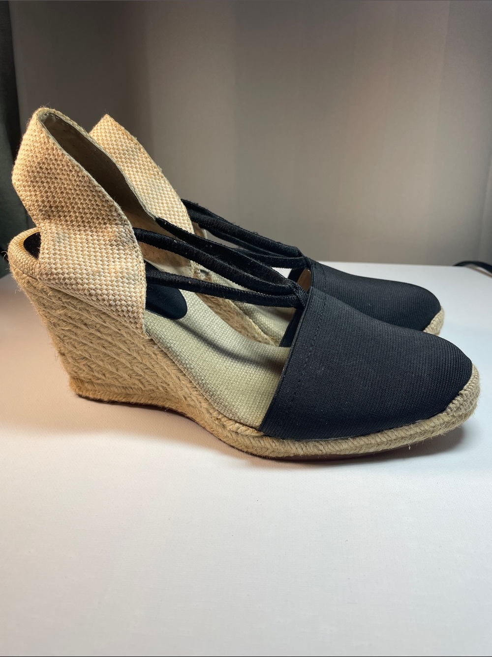Adrienne Vittadini Black Canvas Espadrille Wedge Heels - Women Size 8 1/2